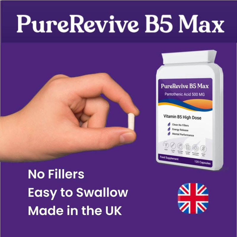 PureRevive High-Potency Vitamin B5 500mg - Advanced Pantothenic Acid Formula for Enhanced Metabolism, Skin & Joint Support | Non-GMO, Gluten-Free | Made in UK (60) 60