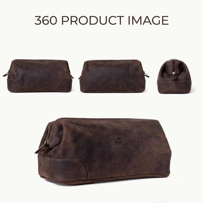 Leather Toiletry Bag, Grooming Travel Pouch, Shaving Kit Toiletries, Makeup Kit Organizer with Waterproof Lining, Handcrafted Vintage leather, best gift for Men & Women (DARK BROWN) DARK BROWM 1