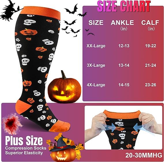 [Australia] - Halloween Plus Size Compression Socks Wide Calf for Women & Men 20-30 mmhg-Extra Wide Calf Knee High Support Socks for Nurse XX-Large 01-halloween Plus 