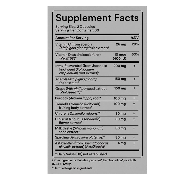 USDA Organic Vegan Skin Radiance Supplement with Astaxanthin, Trans-Resveratrol & Vitamin C – Plant-Based Antioxidant Support for Healthy-Looking Skin – 60 Capsules