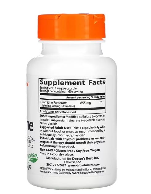 DoctorsBEST Doctor's Best - L-Carnitine Fumarate | Supports Energy Metabolism and Heart Health - 60 Vegetarian Capsules