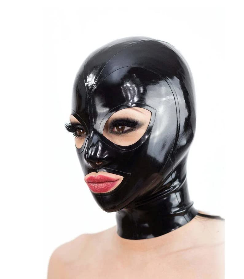 MFMYEE Bondage Latex Mask, BDSM Mask Fetish Head Hood Latex Cosplay Zipper Back, Open Eyes Mouth Face Cover (Black)