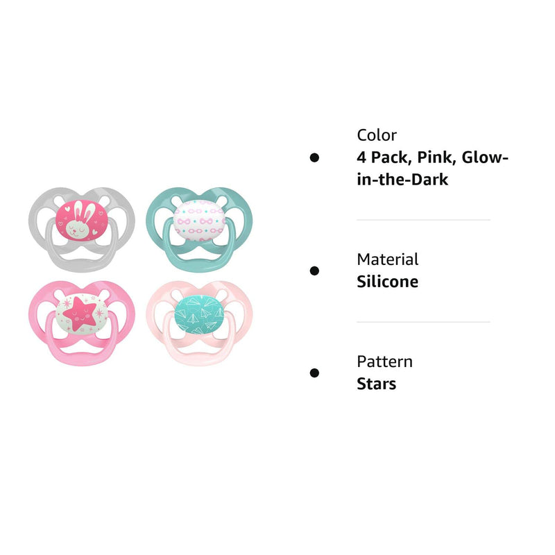 [Australia] - Dr. Brown's Advantage Pacifiers, Stage 2, Pink, 6 -18 Month Old, 4 Count 4 Pack, Purple Nature, Glow-in-the-Dark + Scooter Squirrel 