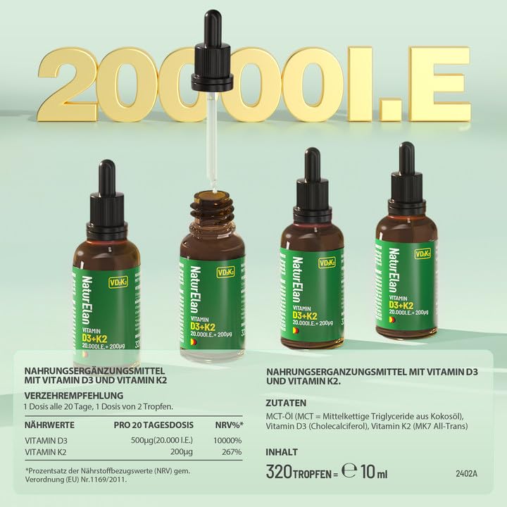 [Australia] - Vitamin D3 K2 high-dose drops - 20000I.U. + Vitamin K2 MK7 200 mcg per dose, vegetarian, without additives, produced in Germany 