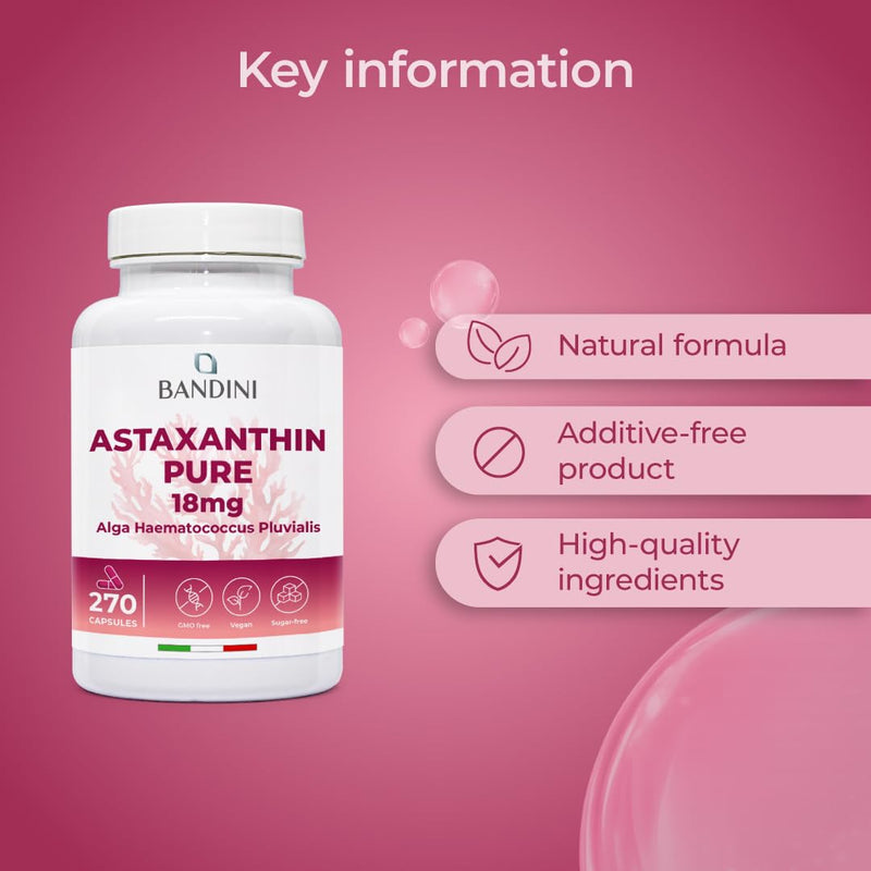 Bandini® Pure Astaxanthin 18 mg | 270 High Strength Capsules | 9 months supply | Powerful antioxidant from Haematococcus Pluvialis algae | Astaxantine Supplement, Magnesium stearate & GMO-free | Vegan