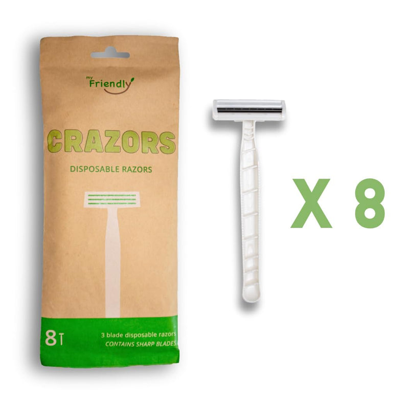 [Australia] - Hair Removal Crazors 3 Blades – Disposable Razors for Men/Women's Grooming – Single-Use Body & Face Shaver – Raw-Material Earth+Skin Loving Travel-Size Toiletries – 8-Pack by MyFriendly 