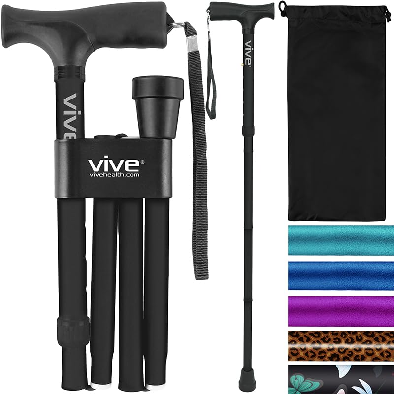 [Australia] - Vive Folding Cane - Foldable Walking Cane for Men, Women - Fold-up, Collapsible, Lightweight, Adjustable, Portable Hand Walking Stick - Balancing Mobility Aid - Comfortable Ergonomic Handle Black 