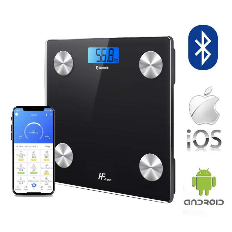 [Australia] - HF body fat scales 28x28cm 19x BODY DATA iOS and Android app Intelligent digital personal scales scales people body scales body weight meter BMI Bluetooth black with blue backlight 