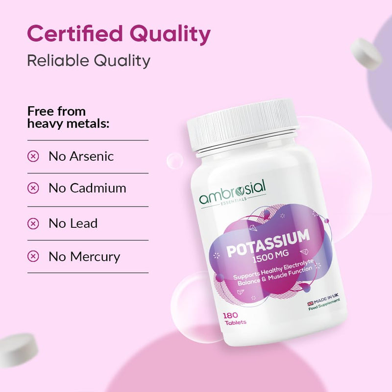 Ambrosial Potassium Chloride 1500 mg – High Strength Potassium Supplement – 778 mg Elemental Potassium – Daily Mineral Support for Muscle, Nerve & Balance – UK Made, GMP Certified – 180 Tablets