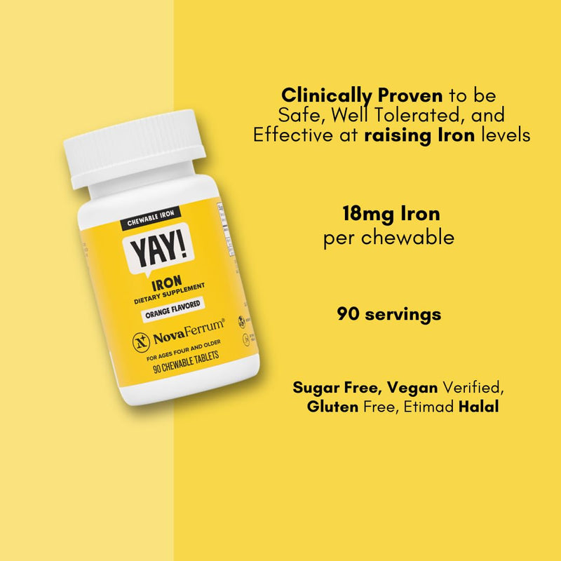 [Australia] - NovaFerrum Yay | Chewable Iron Supplement for Kids & Adults for Anemia | 18mg of Iron | 90 Servings | Sugar Free | Vegan | Gluten Free | Orange Flavor 