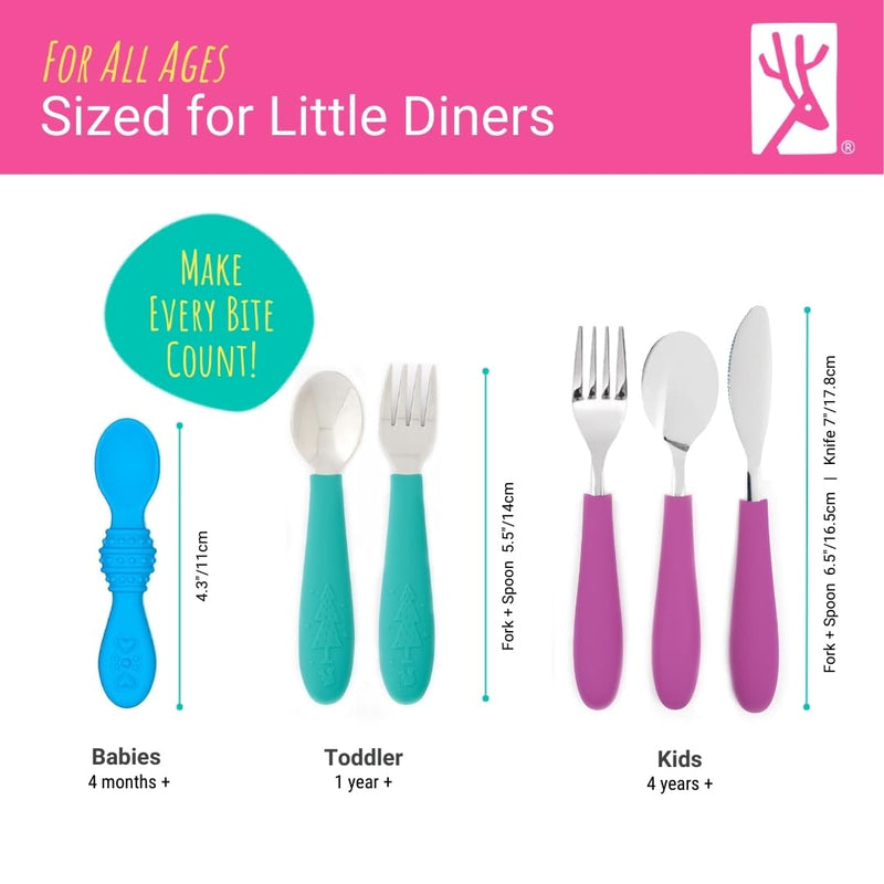 [Australia] - Elk and Friends Kids Silverware with Silicone Handle | Childrens Safe Flatware | Kids Utensils | Spoon + Fork + Knife set | 4 years+ | 6 Pieces Sage/MistyBlue 