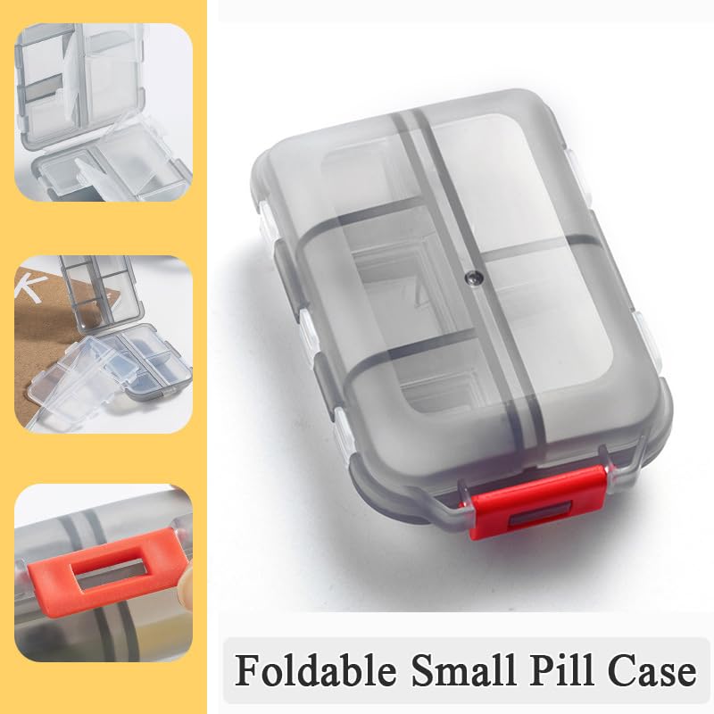Weekly Travel Pill Organizer Box, 10 Compartments Small Fold Case | Medicine Holder, Daily AM PM Morning Night Pocket Travel Capsule Dispenser for Vitamin, Fish Oil, Supplement, Tablet, Grey 10 slot