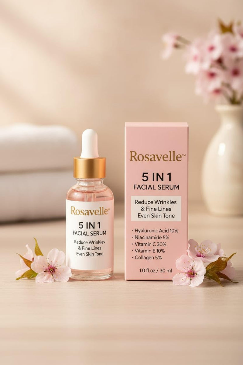 5 in 1 Facial Serum for Glowing Skin | Hyaluronic Acid 10%, Vitamin C 30%, Niacinamide 5%, Vitamin E 10%, Collagen 5% | Anti Aging Serum for Wrinkles, Fine Lines & Even Skin Tone | 30ml