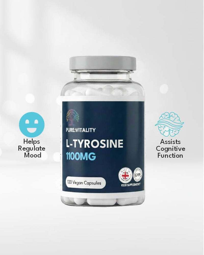 Pure Vitality | L-Tyrosine Supplement 1100mg - Free Form Amino Acid - 120 Vegan Capsules - Fermented High Strength L Tyrosine Supplement - No Artificial Preservatives