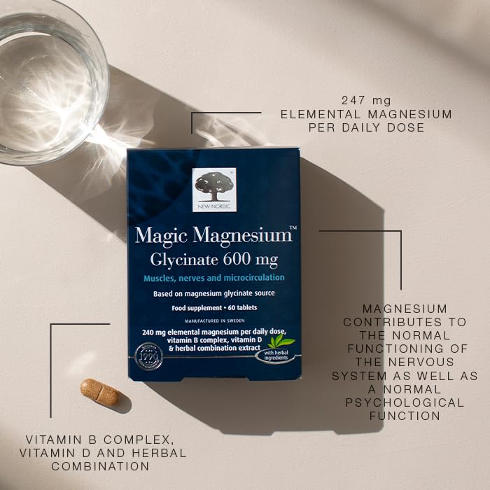 New Nordic Magnesium Glycinate, 600 mg Extra Strength, Sleep & Muscle Support for Women & Men, Pine Bark & Long Pepper Extract, 60 Tablets (Pack of 1) 60 Tablets (Pack of 1)