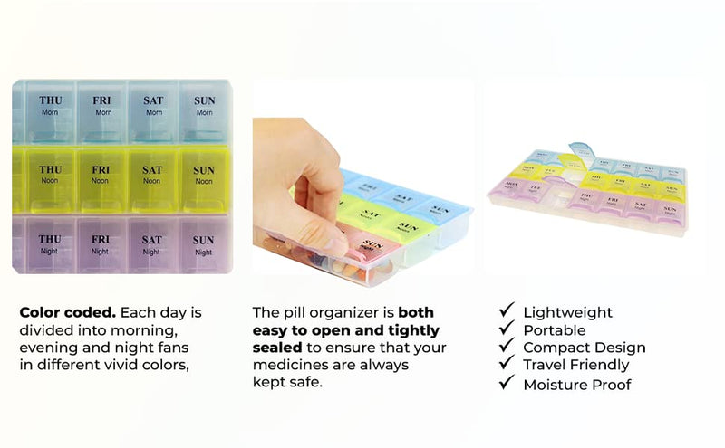 Weekly Pill Organizer with Snap Lids |7-Day Morn/NOON/Night |for Pills, Vitamin. MORN/NOON/NIGHT (7 Days)