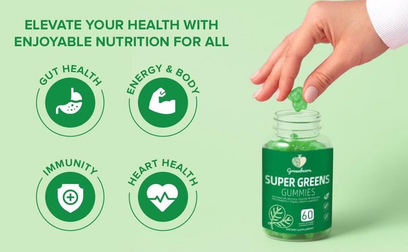 Super Greens Gummies – Daily Greens Supplement with Spirulina, Chlorella, Wheatgrass & Probiotics – Natural Energy, Immune & Digestive Support – Vegan, Non-GMO, 60 Gummies