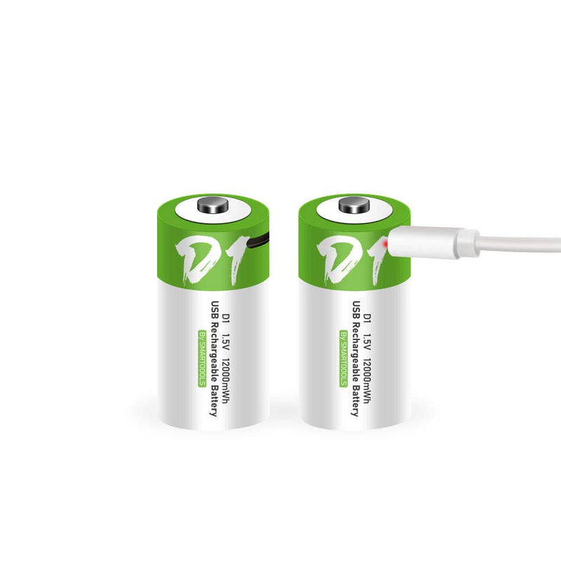 [Australia] - USB D Lithium ion Rechargeable Battery, High Capacity 1.5V 12000mWh Rechargeable D Battery, 4 H Fast Charge, 1200 Cycle with Type C Port Cable, Constant Output,2-Pack 2* D battery 