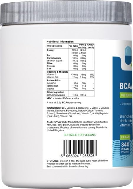 AnMar® BCAA Powder Drink – 2:1:1 Branched Chain Amino Acids with Citrulline Malate, Vitamin B6 & Vitamin C – Lemon & Lime Flavour Amino Acid Drink – 340g (Approx. 42 Servings)