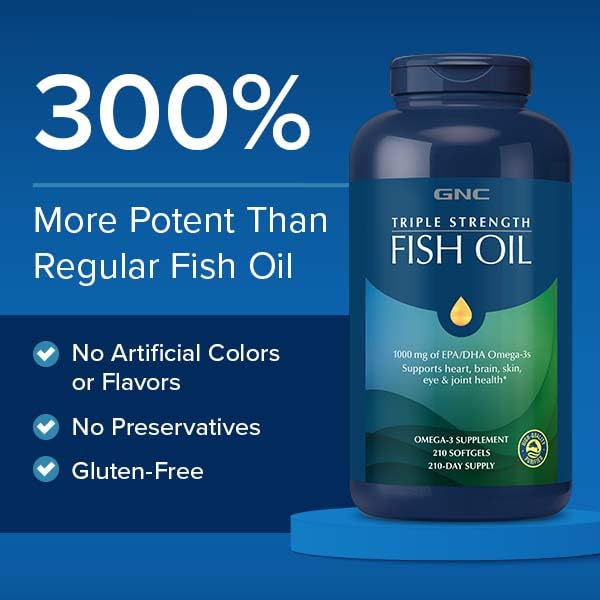 GNC Triple Strength Fish Oil Omega 3 Supplement, 1000mg EPA and DHA, Supports Heart, Brain, Skin, Eye and Joint Health, Burpless, Ultra Concentrated, High Potency, Wild Caught, 120 Softgels 1 Count (Pack of 1)