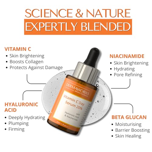 BRIGHTENING VITAMIN C SERUM with Niacinamide, Beta Glucan & Hyaluronic Acid - Anti Aging & Hydrating Vitamin Illuminating Serum & Dark Spot Corrector - Hidratante Facial for Men & Women by DERMAWORKS