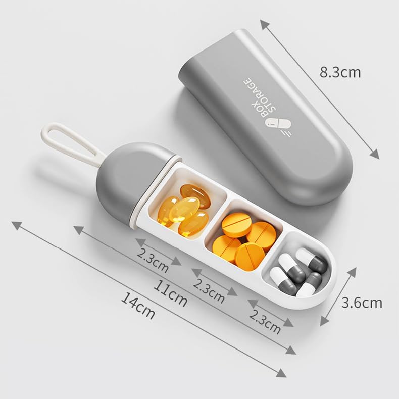 Daily Travel Pill Case, 3-Tray Medicine Planner, Vitamin Organizer | Grey Box with Holder, Small Cute Dispenser Tracker Container for Medication, Meds, Capsule, Fish Oil, Tablets, Antibiotics Lanyard-style Grey + White