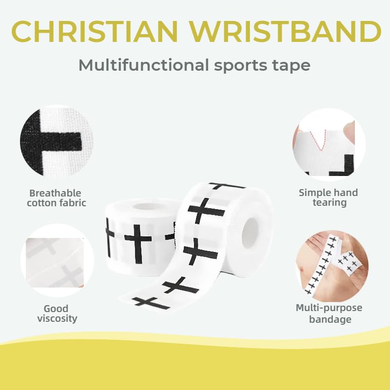 Christian Sports Tape with Cross Design, 4 Rolls Precut Cotton Kinesiology Wrap for Wrist & Ankle Support in Football, Boxing, Gym, 2 Inch x 23 Feet Each，Ideal Faith-Based Gift
