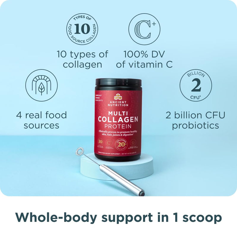 [Australia] - Ancient Nutrition Collagen Peptides Powder, Multi Collagen Protein, Women & Men, Vitamin C, Probiotics, Hydrolyzed Collagen, Supports Skin, Joints, Gut Health, Unflavored, 40 Servings 