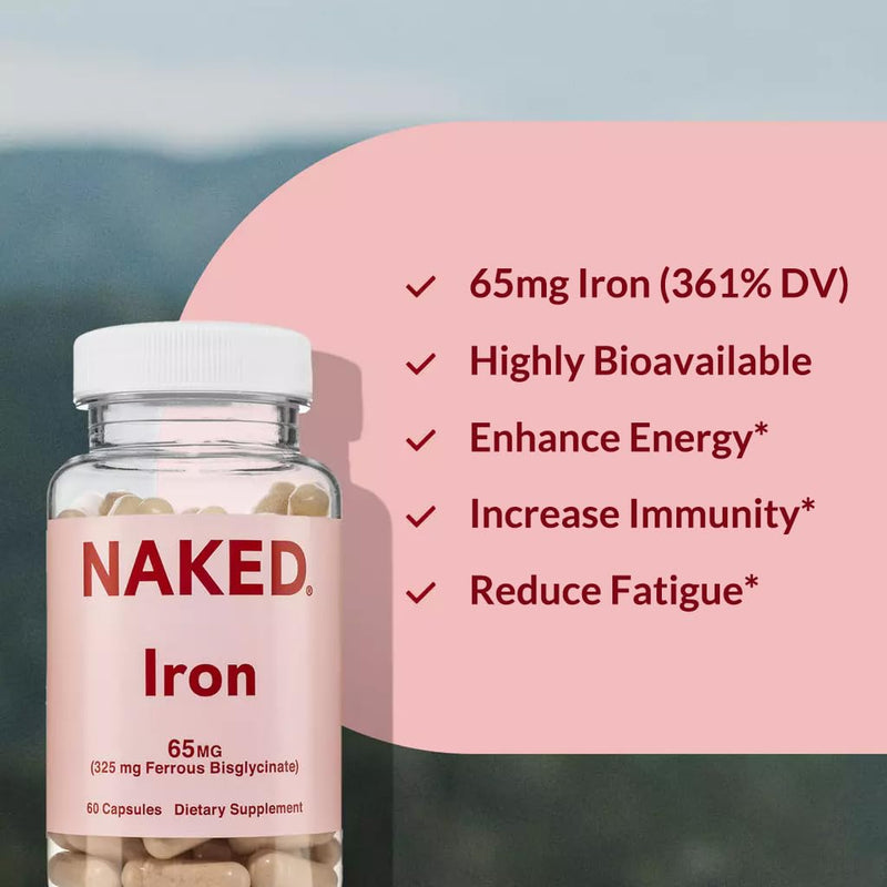 [Australia] - Naked Iron 65mg, 325mg Ferrous Bisglycinate - High Potency Iron Supplement for Iron Deficiency, Cellular Energy Support, Promotes Healthy Red Blood Cell Production, Non-GMO, Gluten-Free, 60 Capsules 