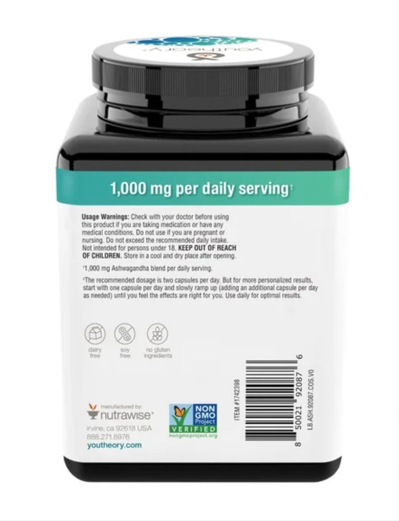 [Australia] - Youtheory Ashwagandha 1000mg with KSM-66 - Helps Support a Healthy Stress Response,180 Capsules (Pack of 1) 