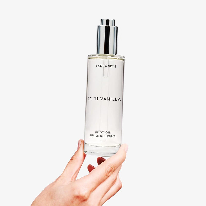 Lake & Skye 11 11 Vanilla Body Oil, 10mL, Subtle Musk & Vanilla Scent, Hydrating All-Over Moisturizer with Almond Oil, Vitamin E, Paraben-Free, Vegan, Nourishes & Softens Dry Skin, Sample 0.33 Fl Oz (Pack of 1)