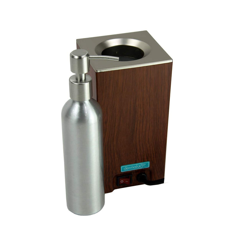 Massage Oil Warmer for Pro Spa Massage, Home Lotion Warmer with Aluminum Bottle Pump Set, Plug-in Oil Heater Beauty Salon Treatment Equipment Cherry Wood