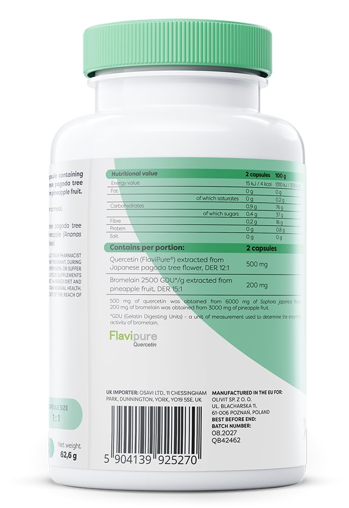 Osavi Quercetin with Bromelain – 120 Vegan Capsules | FlaviPure® Quercetin Extracted from Japanese Pagoda Tree & Bromelain from Pineapple | Supports Antioxidant Defense & Immune Health
