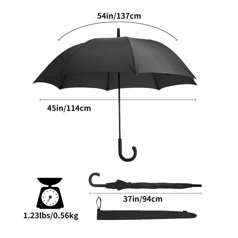 RUMBRELLA Black Umbrella with Hook Handle Stick Umbrella Auto Open 54IN | UPF 50+ Windproof Umbrella for Adults Fits 2 People, J Hook Handle, Fast-Drying