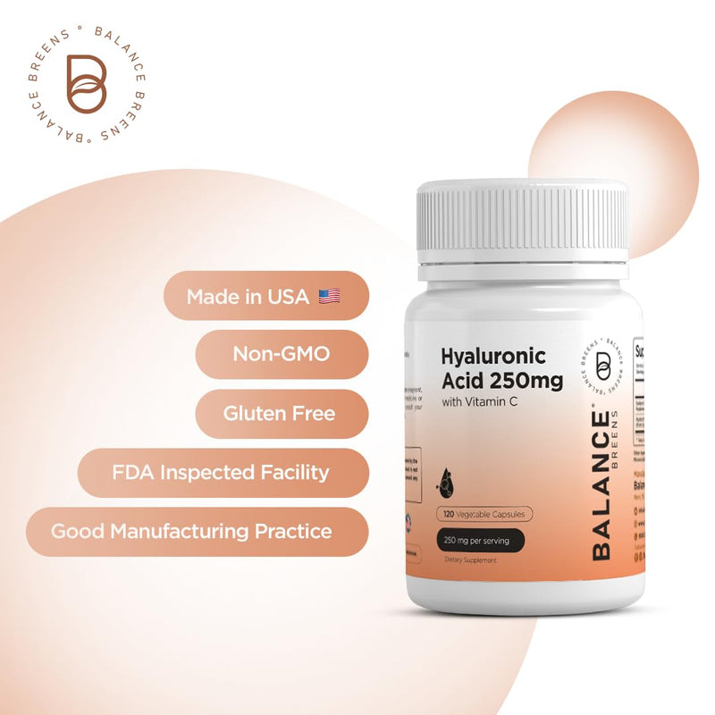 [Australia] - Pure Hyaluronic Acid Supplements 250mg with Vitamin C 50mg - 120 Vegan Capsules - Skin Hydration for Natural Glow - Pure HA Supplement w/Hair, Nails, Bone & Joint Health Formula 120 Count (Pack of 1) 