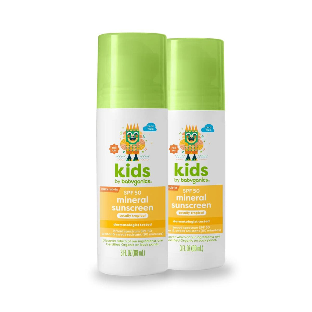 Babyganics SPF 50 Kids Mineral Sunscreen Roller Ball, Totally Tropical | UVA UVB Protection | Octinoxate & Oxybenzone Free | Water Resistant | 2 Pack (3 ounce)