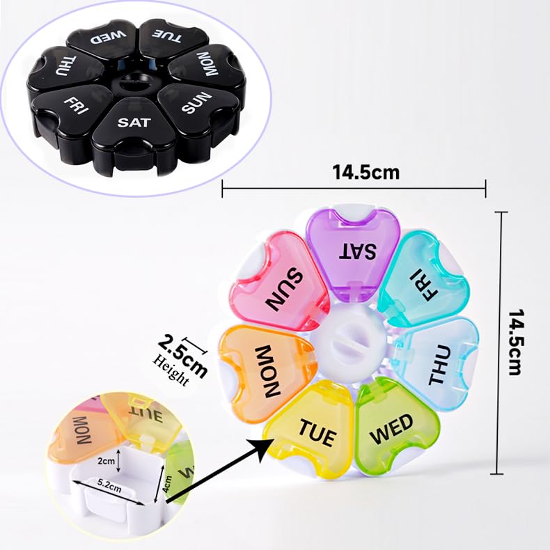 Weekly Pill Organizer, 7 Day Pill Box Daily Reminder Vitamins Case | Portable Large Capacity Compartments, Travel Pill Container for Fish Oil, Medicine Supplement, Medication, Tablet, Capsule w/ Spring open Translucent Black