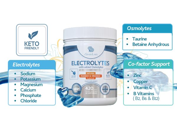 Electrolyte Powder — Natural Mango & Orange, 60 Servings — Electrolytes & Osmolytes with Magnesium, Potassium, Sodium — Keto, Vegan, Sugar-Free Hydration Drink Mix — UK Made, GMP Certified