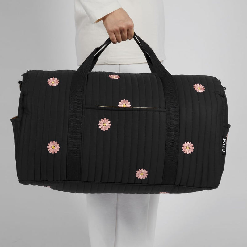 Women’s Travel Duffel Bag – Large Weekender & Overnight Travel Bag with Wet Pocket, Carry-On Friendly, Ideal as Hospital or Maternity Bag for Labor and Delivery Large - Black Flowers