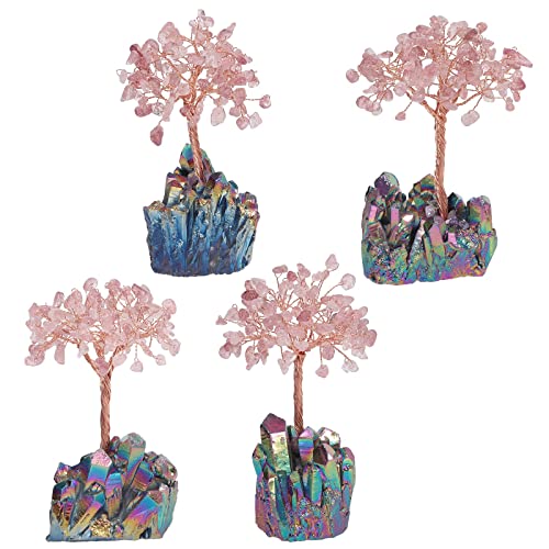 moonsix Crystal Tree with Rainbow Titanium Coated Rock Crystal Cluster Base Pink Strawberry Quartz