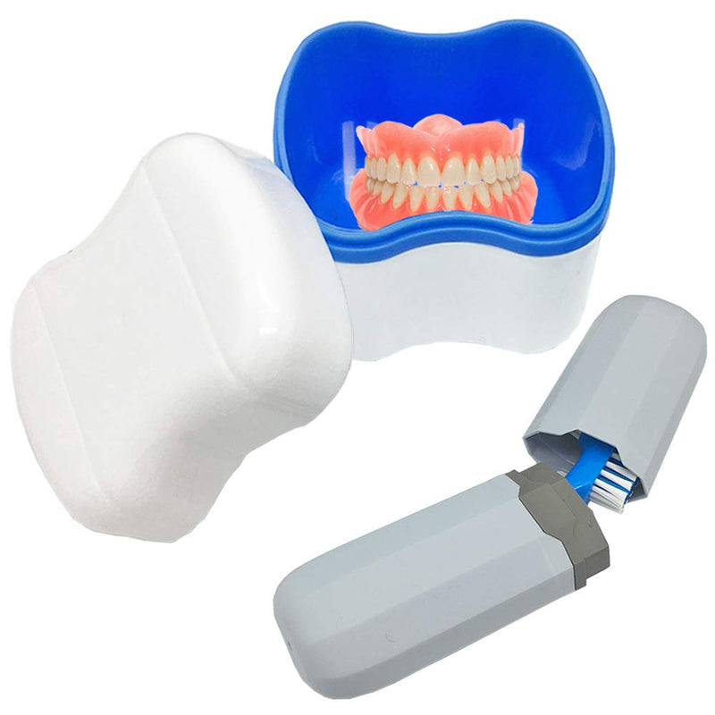 [Australia] - Denture Case Kit - 2 Bath Cups, 2 Brushes & 2 Portable Toothbrush Boxes, Retainer Bath With Lid, Cleaning Boxes, Travel Toothbrush Kit Blue & Light Green 