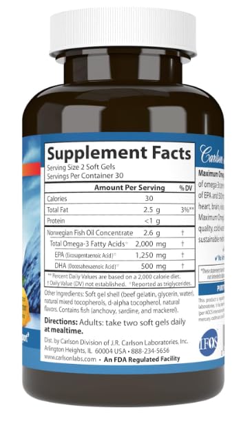 Maximum Omega 2000, 2000 mg Omega-3 Fatty Acids Including EPA and DHA, Wild-Caught, Norwegian Fish Oil Supplement, Sustainably Sourced Fish Oil Capsules, Lemon, 60 Softgels