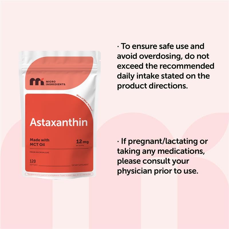 Micro Ingredients Astaxanthin 12mg Per Serving with MCT Oil, 120 Softgels | 4 Month Supply. Natural Microalgae Sourced Astaxanthin Supplement. Easy-to-Swallow. Non-GMO, Gluten Free, Soy Free. 120 Count (Pack of 1)