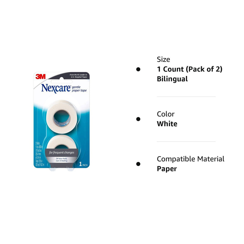 [Australia] - Nexcare Gentle Paper Tape, Medical Paper Tape, Secures Dressings and Lifts Away Gently - 1 In x 10 Yds, 2 Rolls of Tape 