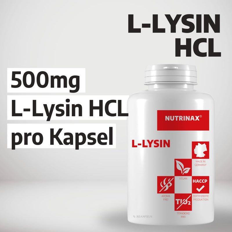 [Australia] - NUTRINAX | L-Lysine | 365 vegan lysine capsules | Highly dosed with 1000mg L-Lysine HCL (800mg L Lysine per daily dose) | Made in Germany | from vegetable fermentation 