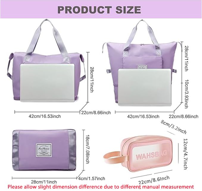 Large Capacity Travel Bag, Foldable Travel Bag, Expandable Duffel Bag, Collapsible Waterproof Large Capacity Handbag, Overnight Bags for Women and Man(Light Purple+Toiletry Bag) Light Purple+Toiletry Bag