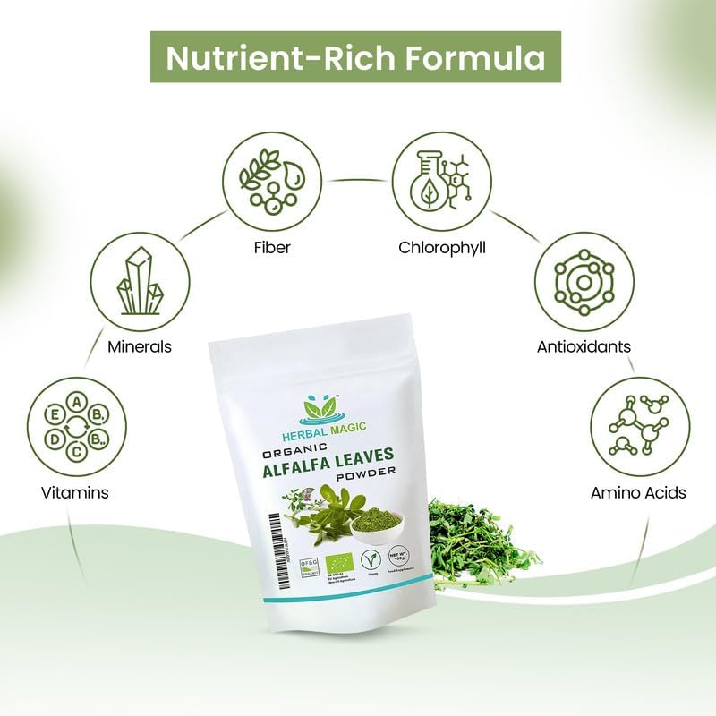 Herbal Magic's Organic Alfalfa Leaf Powder - Green Superfood for Smoothies, Soups, Baking - Free from Fillers & preservatives - 200gms Pack - of&G UK Organic Certified 200 g (Pack of 1)