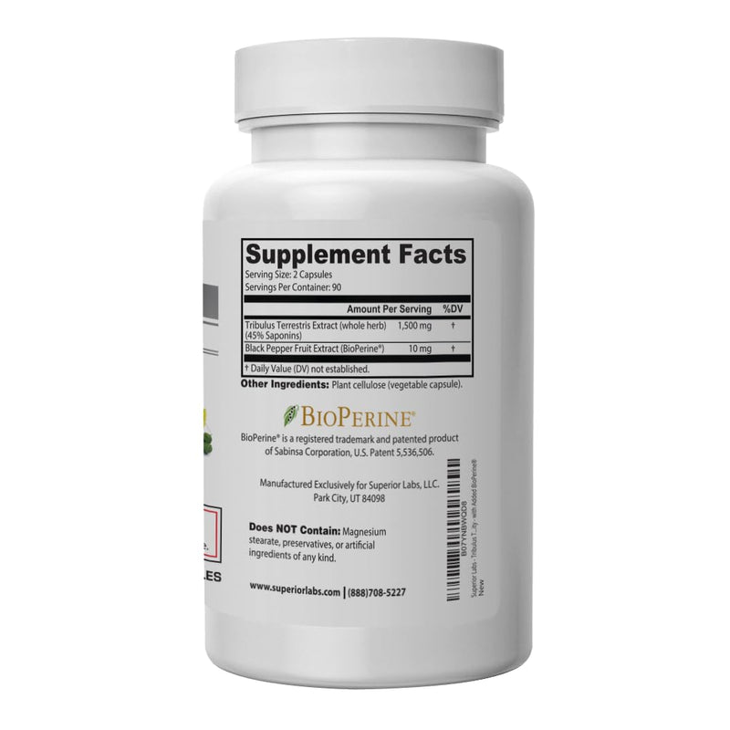[Australia] - Superior Labs - Tribulus Terrestris - Performance Support & Cortisol Blocker with 45% Saponins, High Potency & Pure 1500mg Dosage, 180 Vegetable Caps - Supports Vitality - with Added BioPerine¬Æ 