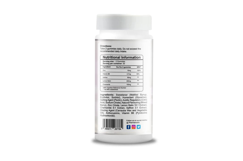 Night Support Complex Vegan & Sugar-Free Gummies (60) - 90 mg Saffron per Gummy- with Calming Chamomile & Lemon Balm, Vitamin B6 & Zinc- 1 Month Supply - Mixed Berry Flavour