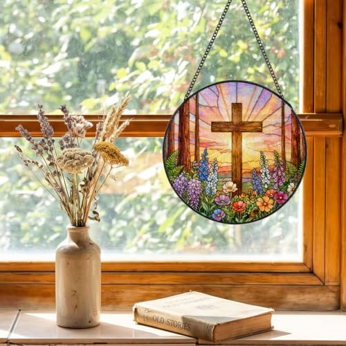 Christian Cross Stained Glass Window Hanging 5.9x5.9in Crucifix